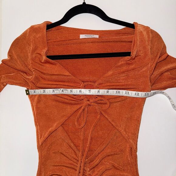 PepperMayo Cora Mini Dress Long Sleeve Bodycon Cut Outs Ruched Ring Tie Orange 4 - Picture 6 of 13